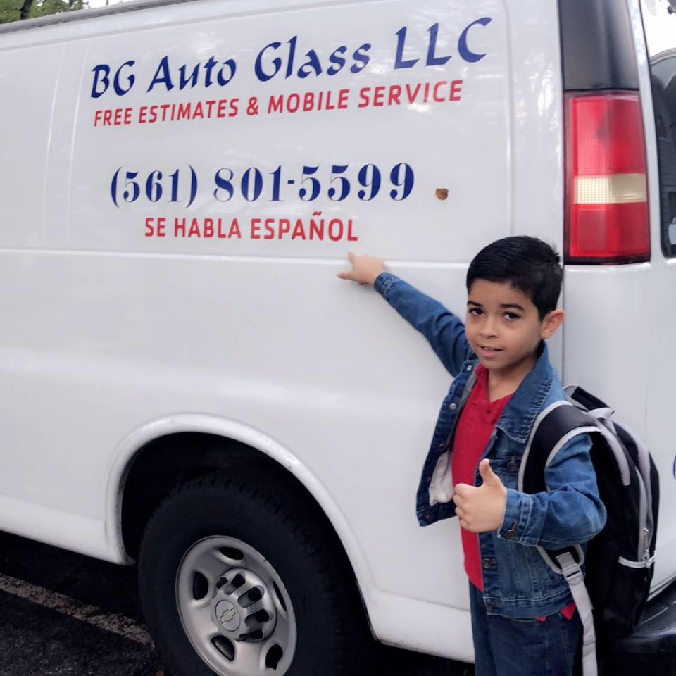 BG Auto Glass LLC mobile service van — Free estimates, (561) 801-5599, Se Habla Español